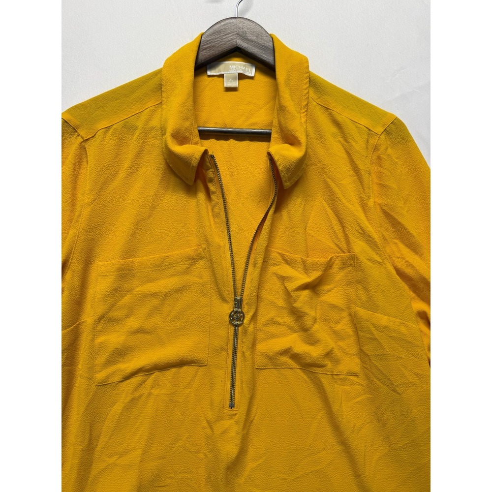 Michael Kors Blouse Top Womens XL Yellow Gold Roll Tab Sleeves Half Zip Casual - Picture 3 of 10